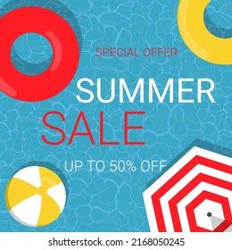 Summer sale banner template with water, beach ball, umbrella and floats. Template for social media, flyer and poster.