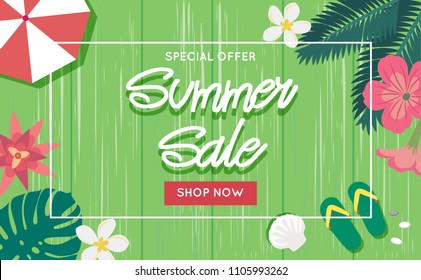 Summer sale banner template with wooden background, flowers, palm leaves, flip flops. Vector illustration in flat style