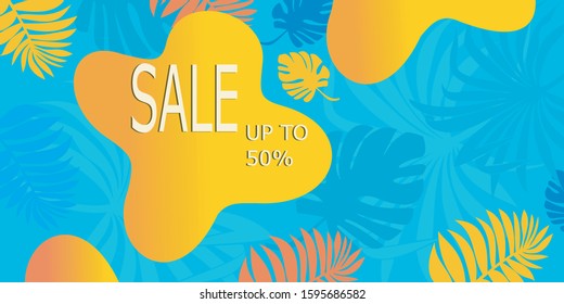 Summer sale banner template with writing 50% discount. An abstract summer with palm leaves and hibiscus flowers. Tropical background. Promo badge for your seasonal designs.

