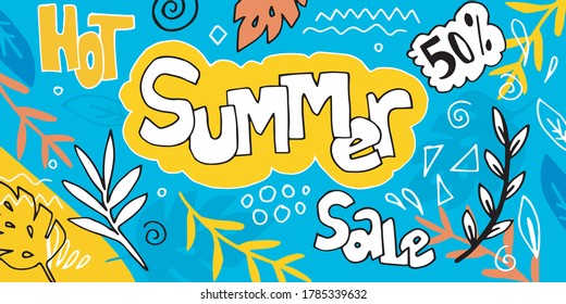 Summer sale banner template with writing 50% discount.An abstract summer with palm leaves and hand drawn leaves. Tropical background. Promo badge for your seasonal designs.