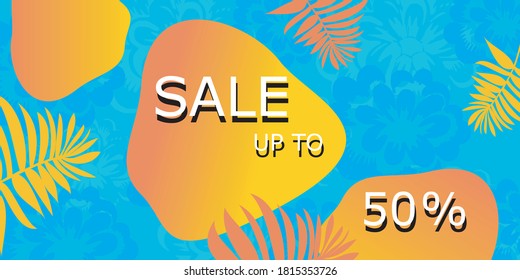 Summer sale banner template with writing 50% discount. An abstract summer with palm leaves and hibiscus flowers. Tropical background. Promo badge for your seasonal designs.