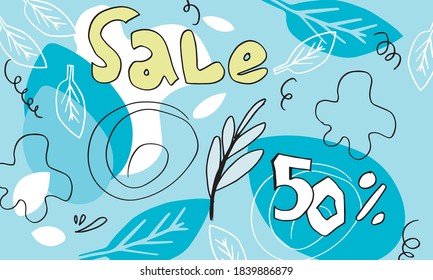 Summer sale banner template with writing 50% discount. An abstract summer with palm leaves and hibiscus flowers. Tropical background. Promo badge for your seasonal designs.