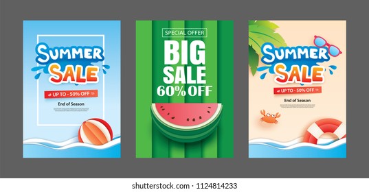 Summer sale banner templates. Paper art and craft style. Vector illustrations for email, newsletter, website, mobile ads, discount, coupon,poster.
