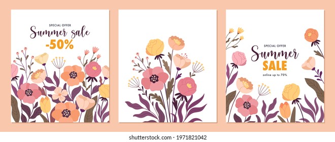 Summer sale banner templates.Vector illustration of three floral backgrounds made by garden and wild cartoon flowers, isolated on white 