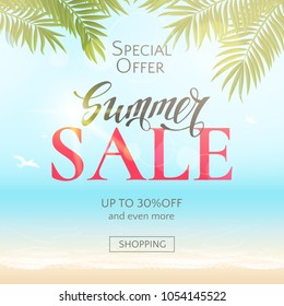 Summer sale banner with text, beach, sea, sun, waves and palm leaves. Vector travel background for flyers and newsletters with discount offers. File contains clipping mask.
