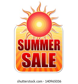summer sale banner - text in yellow label with red sun and orange sunrays, business concept, vector