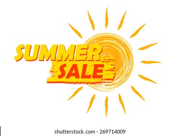 summer sale banner - text in yellow and orange drawn label with sun symbol, business seasonal shopping concept, vector