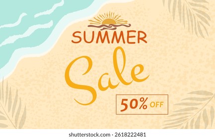Summer Sale Banner with top view of sea, beach, sand with summer accessories and text in trendy boho colors. Seasonal promotion, flat illustration.