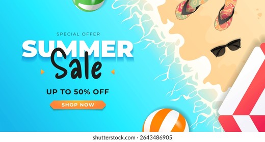 Summer Sale banner with top view of beach with beach elements.