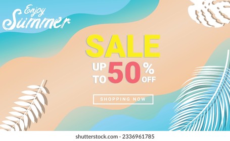 summer sale banner in trendy beach colors with tropical leaves and discount text. Season promotion illustration.