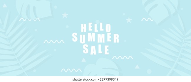 Summer! sale banner in trendy bright colors with tropical leaves and discount text. Season promotion  Vector design 