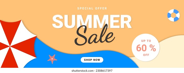 Summer sale banner. Trendy banner layout design in paper cut style. Promotion and voucher templates. Vector illustration