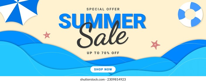 Summer sale banner. Trendy banner layout design in paper cut style. Promotion and voucher templates. Vector illustration