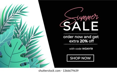 Summer sale banner in trendy style with tropical leaves for promotion of cosmetic, fashion, accessorize etc. Modern elegant and luxury summer sale banner template. Vector illustration