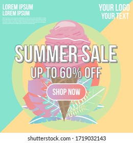 Summer sale banner in trendy style with ice cream pink and green tropical leaves for promotion of cosmetic.Vector background for poster, flyer, card, postcard, cover, brochure.