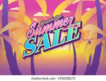 Summer sale banner in trendy style with tropical island with palm trees for promotion banner.