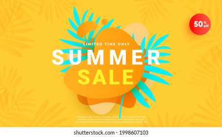 Summer sale banner in trendy style with tropical leaves and bright yellow minimal background for website, flyer and poster. Vector illustration