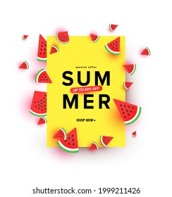 Summer sale banner in trendy style with tropical leaves and flying ripe watermelon slices in the air on yellow minimal background