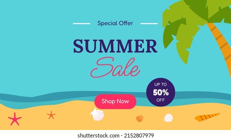 Summer sale banner in trendy style with beach, palm tree tropical leaves for promotion of cosmetic, fashion, accessories etc. Modern summer sale banner template and social media. Vector illustration.