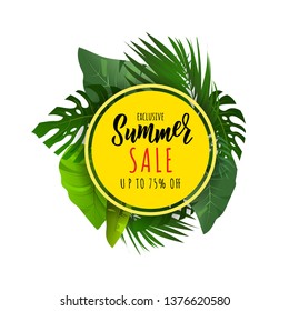 Summer Sale banner tropic leaves. Hand lettering text. Season vacation, weekend, holiday logo. Great for cards, brochure, icon, flyer, advertising  poster template. Vector.