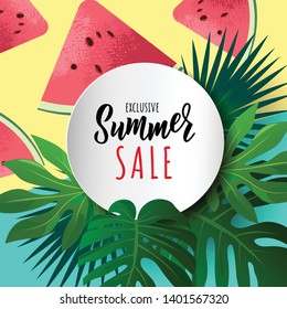 Summer Sale banner with tropic leaves and watermelon. Hand lettering text. Season vacation, weekend, holiday logo. Great for cards, brochure, icon, flyer, advertising  poster template. Vector.