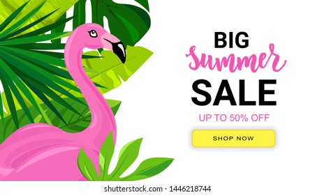 Summer Sale banner with tropic leaves and pink flamingo. Hand lettering text. Season vacation, weekend, holiday logo. Great for cards, brochure, flyer, advertising  poster template. Vector.