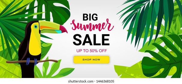 Summer Sale banner with tropic leaves and pink flamingo. Hand lettering text. Season vacation, weekend, holiday logo. Great for cards, brochure, flyer, advertising  poster template. Vector.