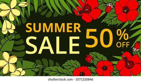 Summer sale banner with tropic palm leaves and flowers on black background