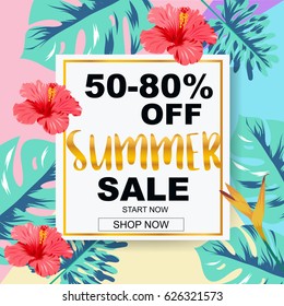 Summer sale banner with tropical background