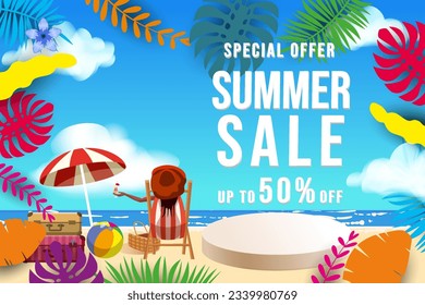 Summer sale banner. Tropical beach, woman in the beach chair, stage, surf, umbrella, palm leaves, sky, cloud