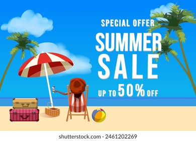 Summer sale banner. Tropical beach, woman in the beach chair, stage, surf, umbrella, palm leaves, sky, cloud