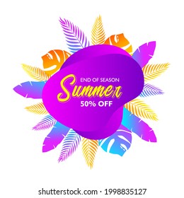 Summer sale banner tropical sale design for banner or flyer with exotic palm leaves, Invitation for shopping with 50 percent off. special offer card, template for design.