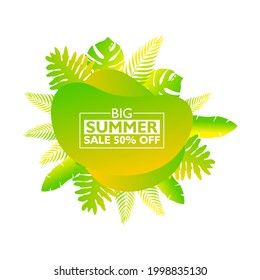 Summer sale banner tropical sale design for banner or flyer with exotic palm leaves, Invitation for shopping with 50 percent off. special offer card, template for design.