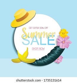 Summer Sale Banner with Tropical Elements. Hot Season Discount Banner Suitable for Marketing Promotion. Vector