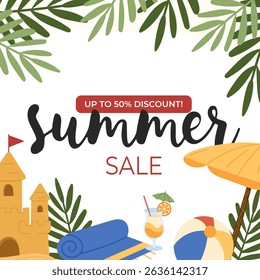 
Summer sale banner with tropical elements and discount offer — flat vector illustration featuring beach umbrella, cocktail, palm leaves, sandcastle, beach ball, towel, and "Up to 50% Discount" text. 