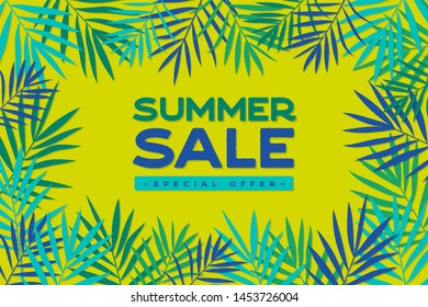 Summer sale banner with tropical exotic palm leaves. Summer sale poster design for print or web. Vector discount banner, discount template
