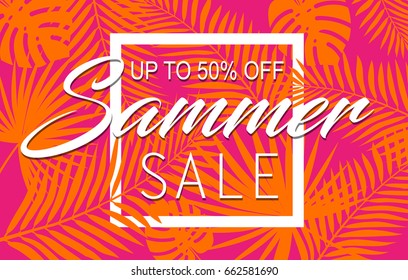 Summer sale banner with tropical exotic palm leaves and plant orange and pink bright vivid color background with white square frame. Vector floral design with text up to 50% off.