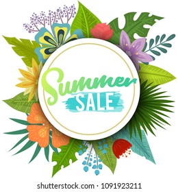 Summer sale, banner with tropical flowers and leaves. Vector