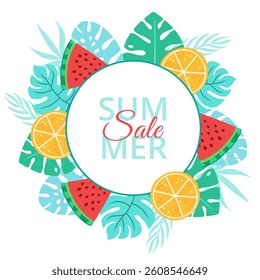 Summer sale banner with tropical fruits, watermelon, orange and palm leaves in a vibrant circular design. Summer sale wreath. Cartoon style. Vector illustration