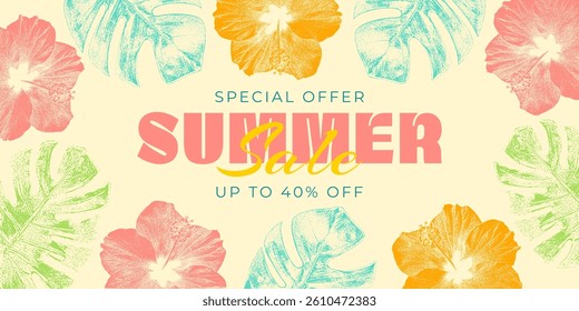 Summer sale banner with tropical hibiscus flowers and monstera leaves in colorful photocopy effect. Vintage retro promo design with bold typography and special offer. Perfect for seasonal promotions.