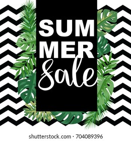 Summer sale banner with tropical leaf background