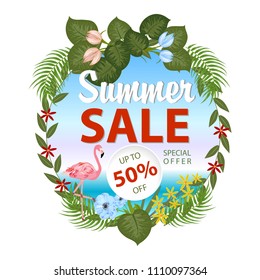 Summer sale banner with tropical leaves and flamingo on white background, exotic floral design for banner, flyer, invitation, poster, web site or greeting card. Vector illustration.