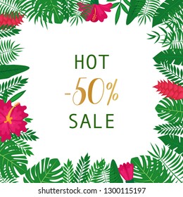 Summer sale banner with  tropical leaves and flowers background, exotic floral design for banner, poster, flyer, web site, greeting card or invitation.