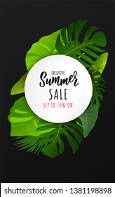 Summer Sale banner with tropical leaves. Hand lettering text. Season vacation, weekend, holiday logo. Vector illustration. Exotic botanical design.