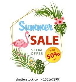 Summer sale banner with tropical leaves and flamingo on white background, exotic floral design for banner, flyer, invitation, poster, web site or greeting card. Vector illustration.