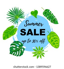 Summer sale banner with tropical leaves. Flat style vector illustration on white background. Place for text. Template for poster, web, invitation, flyer.