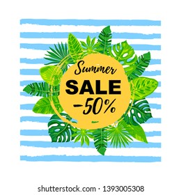 Summer sale banner with tropical leaves. Place for text. Template for poster, web, invitation, flyer.