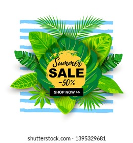 Summer sale banner with tropical leaves vector illustration. Place for text. Template for poster, web, invitation, flyer.