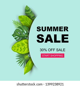 Summer sale banner with tropical leaves. Place for text. Template for poster, web, invitation, flyer. Vector illustration
