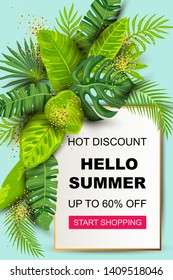 Summer sale banner with tropical leaves. Place for text. Template for poster, web, invitation, flyer. Vector illustration.